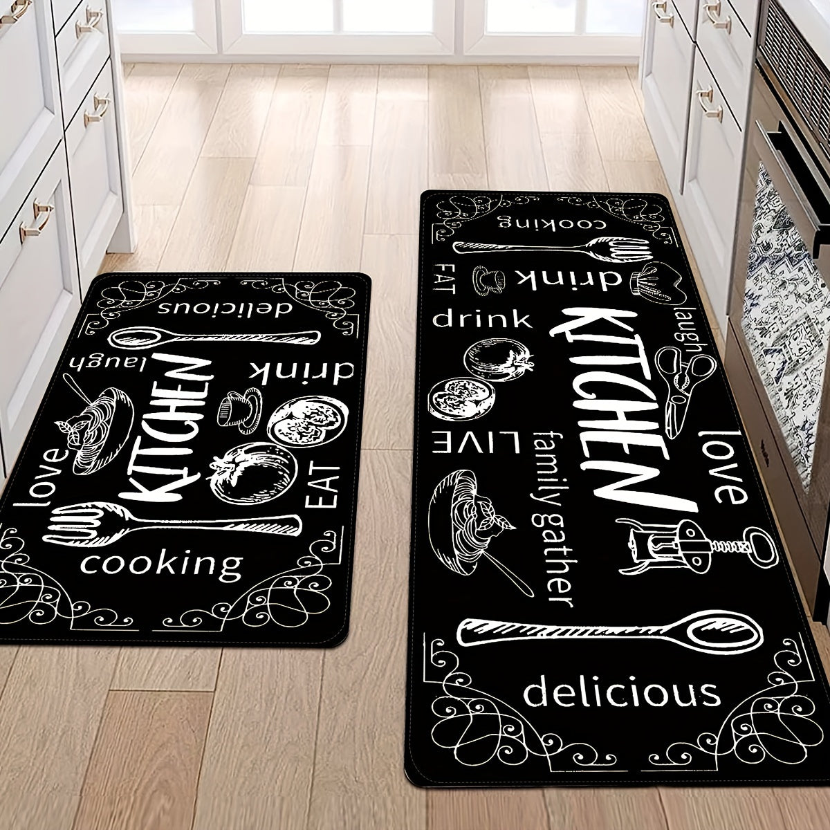 1pc Chic Black Kitchen Floor Mat featuring Cooking & Dining Themes, Non-Slip, Washable Polyester with Utensil Illustrations. Great for Doorways, Laundry Rooms, Bathrooms, and adds a Personal Touch to Home Decor.