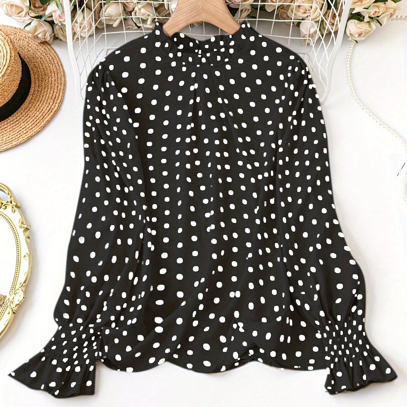 Plus Size Polka Dot Blouse with Shirred Cuffs, Crew Neck, and Long Sleeves for Spring & Fall, Women's Plus Size Clothing.