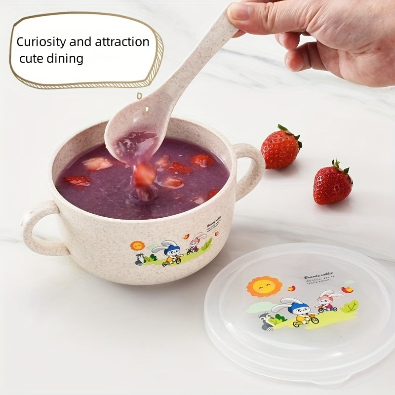 Cartoon-themed bowl with cutlery, insulated to prevent spills, featuring double handles and a lid. This versatile eating bowl is microwavable and perfect for serving fruits or snacks.