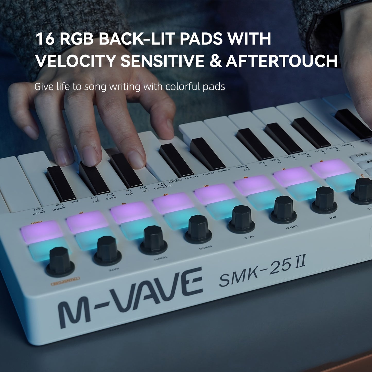 New M-VAVE SMK 25 II MIDI Keyboard with 8 Encoders, 16 RGB Backlights, Wireless MIDI, Speed Sensing, Vibrato, Touch Strip, 2000mAh Battery. Compatible with WINDOWS, MAC, IOS, Android.