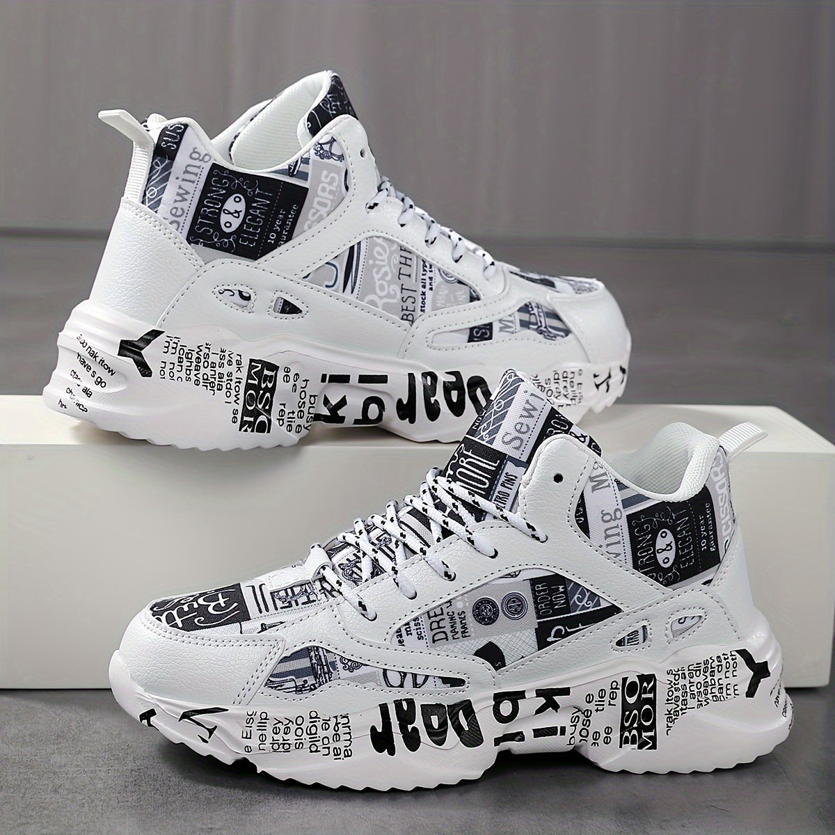 Breathable chunky sneakers with bold letter print & denim-like fabric, comfortable, lightweight all-season running shoes for men and women, urban streetwear shoes, midtop sneakers with