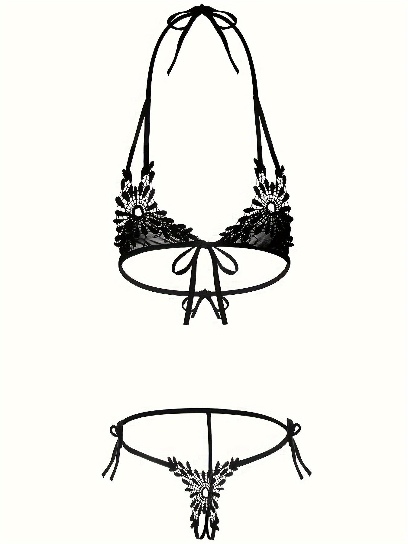 Strappy backless lingerie set with three-point halterneck design, includes bra and thong, for women's sexy intimates.