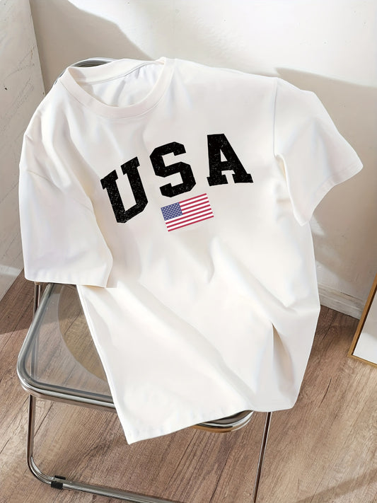 USA Print Drop Shoulder T-shirt, Short Sleeve Crew Neck Casual Top for Women, Ideal for Spring & Summer.