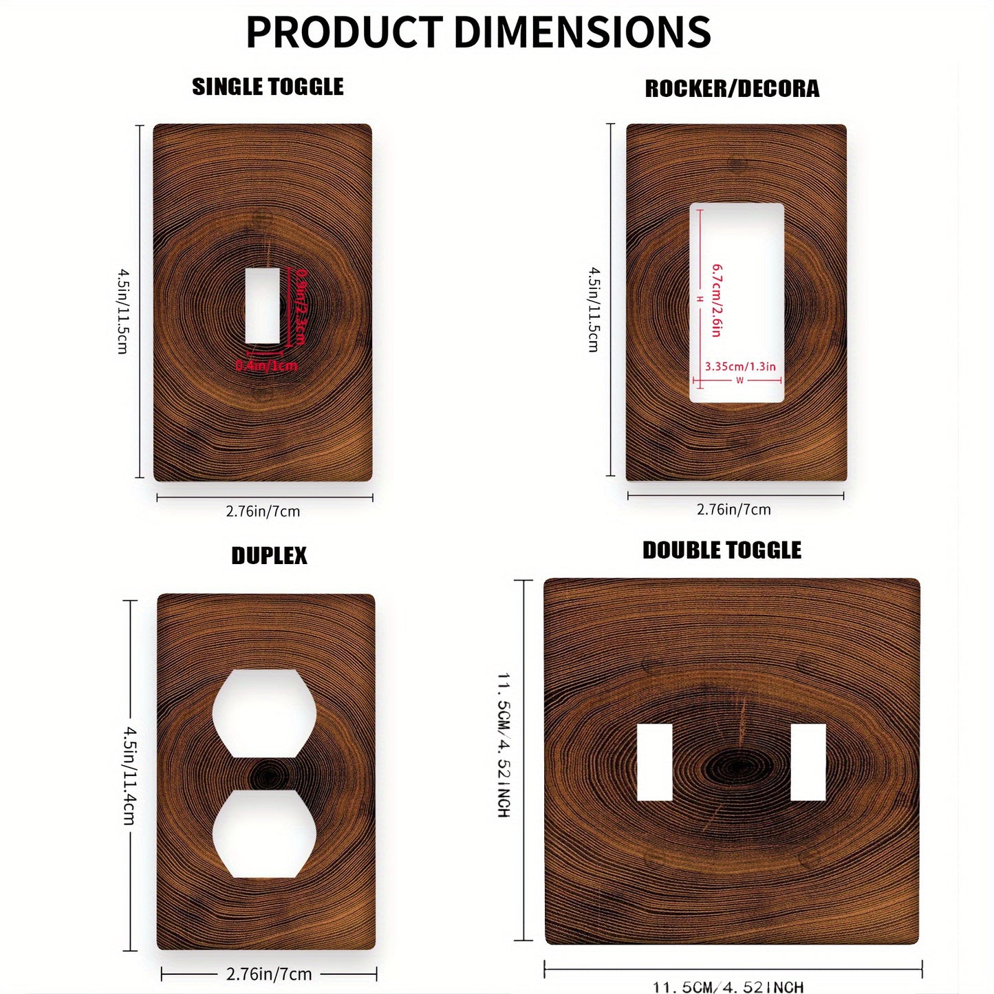 Wood wall panel with decorative light switch and socket cover featuring wood grain ring pattern. Easy to install indoors or outdoors without needing power.