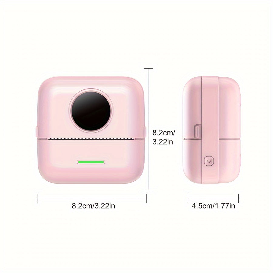 Portable mini thermal printer with USB rechargeable, single function, desktop label printing, wireless connectivity, and monochrome output.