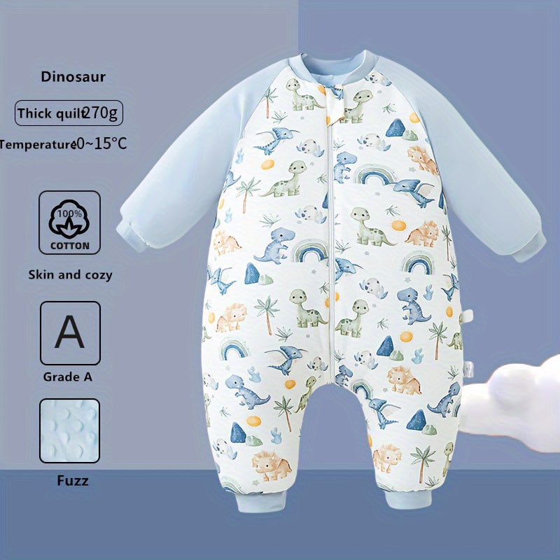 Unisex baby sleep sack with animal print is made of thick cotton filled fleece, lined with polyester fiber fill. Machine washable, suitable for one person. Cover made of 100% cotton, with 120-140g lining weight.