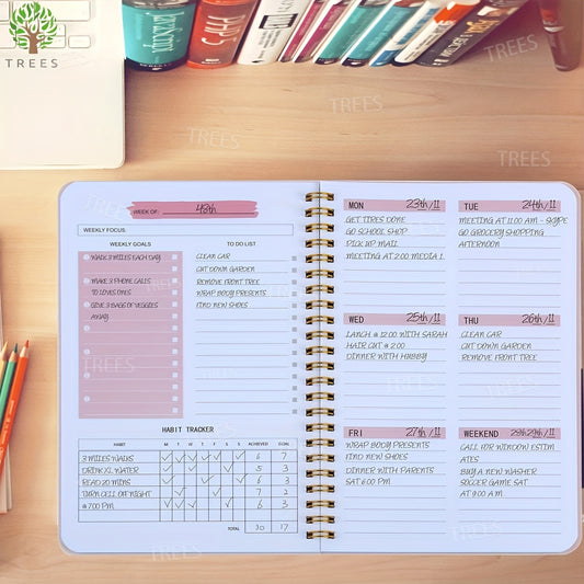 1pc undated A5 spiral planner with 52 sheets, PVC cover, ideal for goal setting and planning.