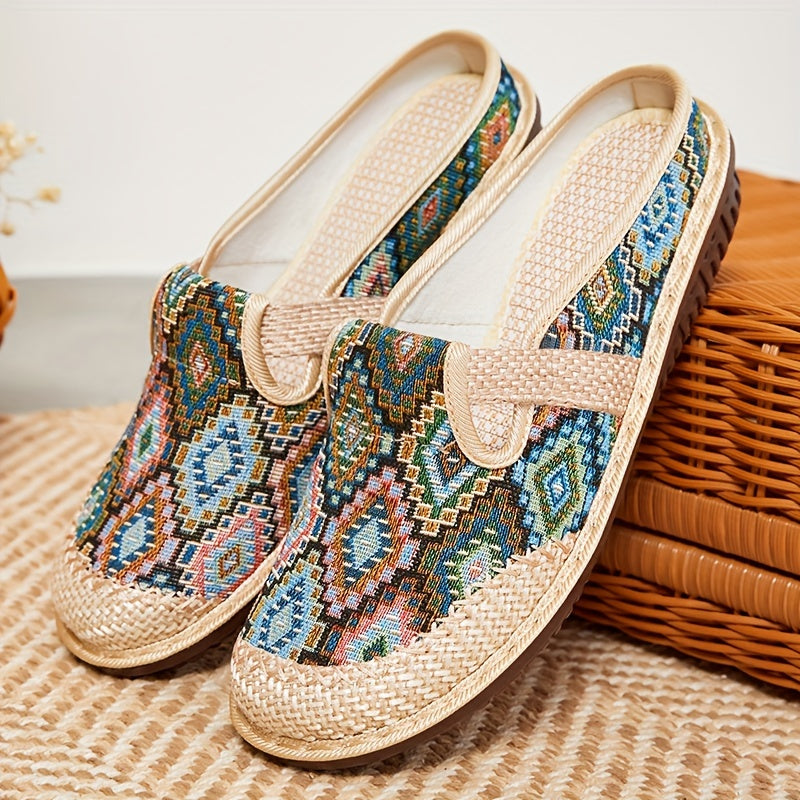 Colorful geometric print mules for women, comfortable for daily wear.