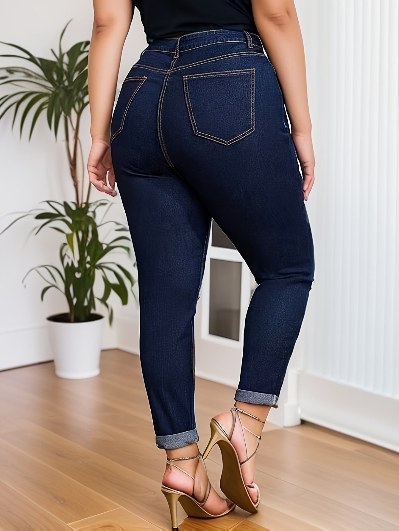 Plus Size Casual Jeans, Women's High Rise Medium Stretch Skinny Jeans with Rolled Button Fly