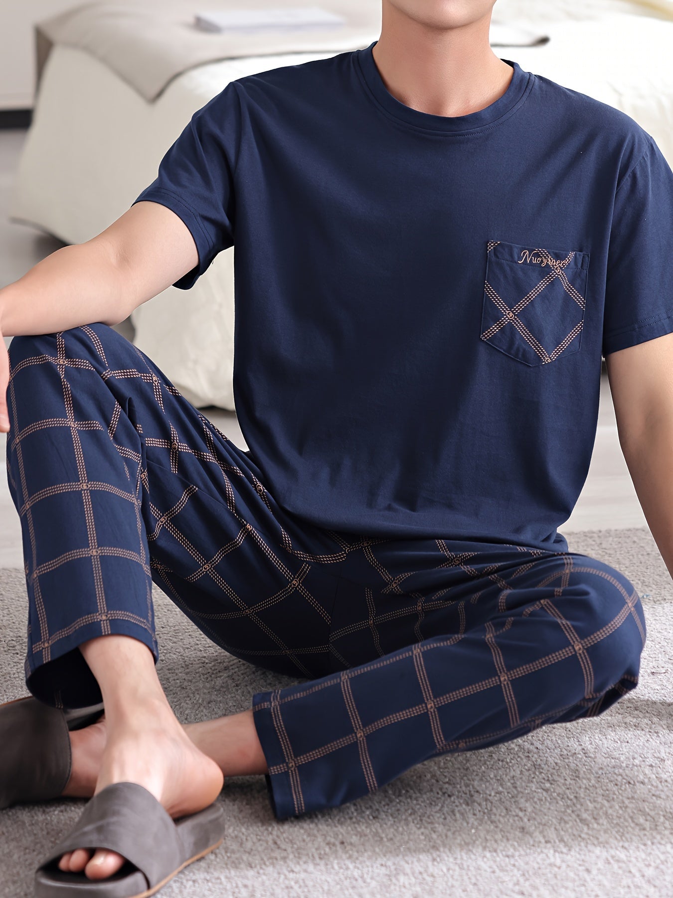 Men's Plus Size 2-Piece Cotton Pajama Set with Short Sleeve Shirt & Plaid Print Trousers, Cozy and Skin-friendly Loungewear