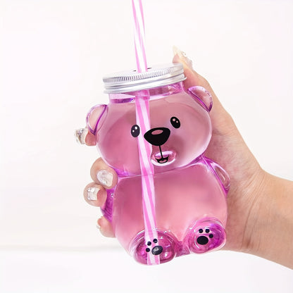 Cute bear cartoon straw cup made of durable plastic, ideal for kitchen and dining.