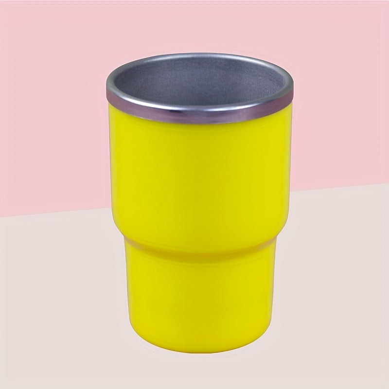 A 3oz car cup pack containing an outer plastic and inner steel construction, with a stainless steel stretch liner and a silicone sleeve straw.