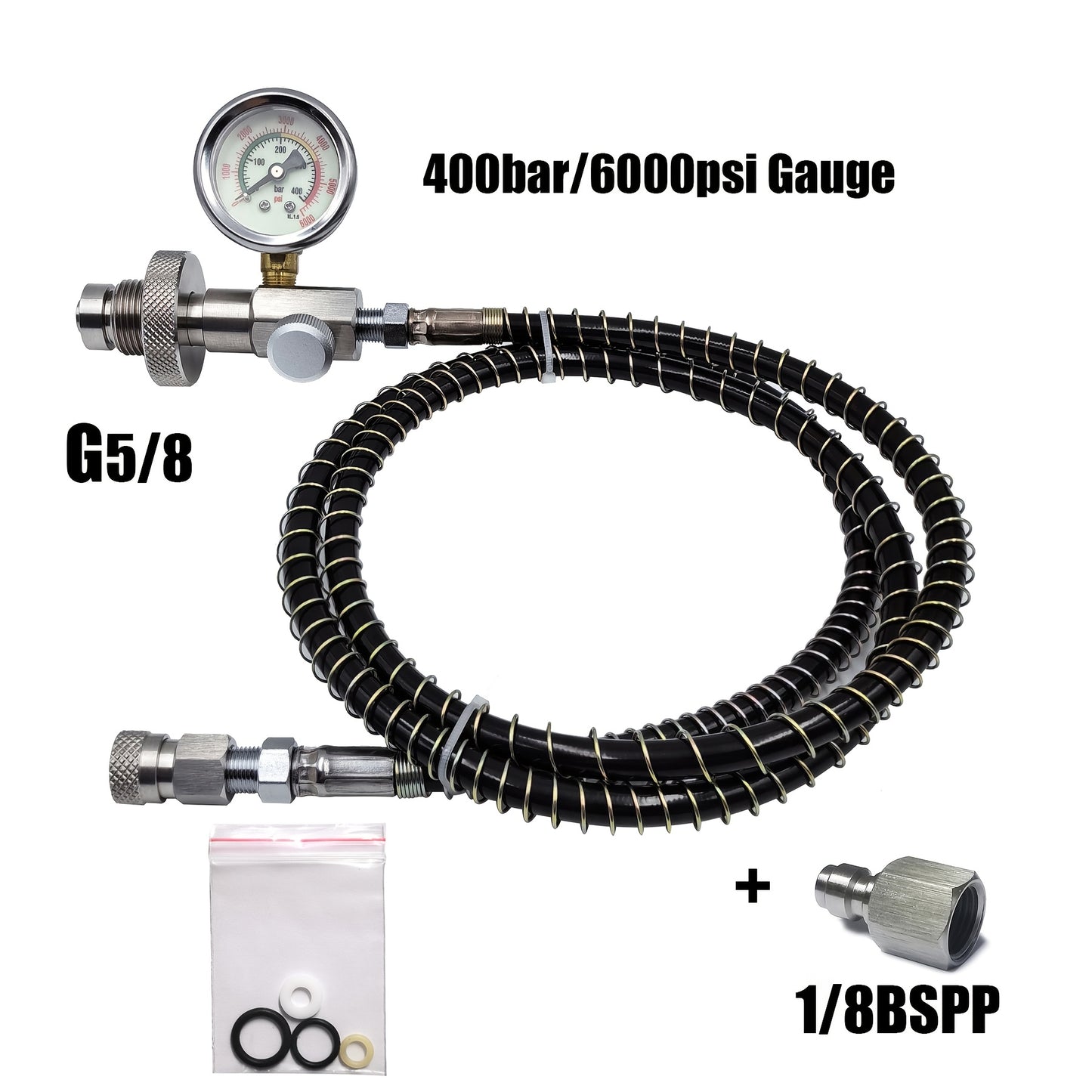 High-pressure diving filling station adapter kit with 6000psi gauge, stainless steel, includes quick disconnect hose for transferring gas from large tanks to small bottles.