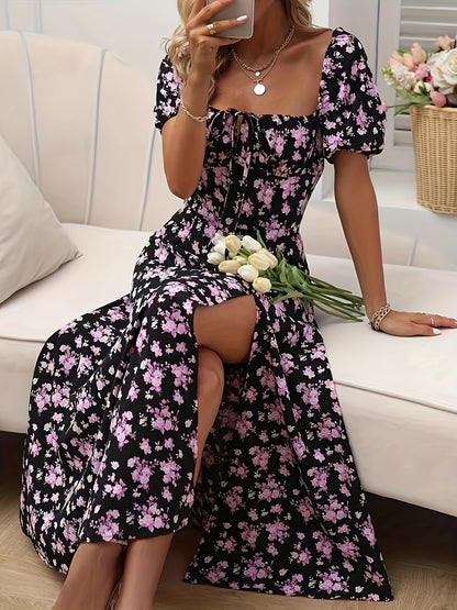 Floral print puff sleeve dress with split hem, perfect for spring & summer.