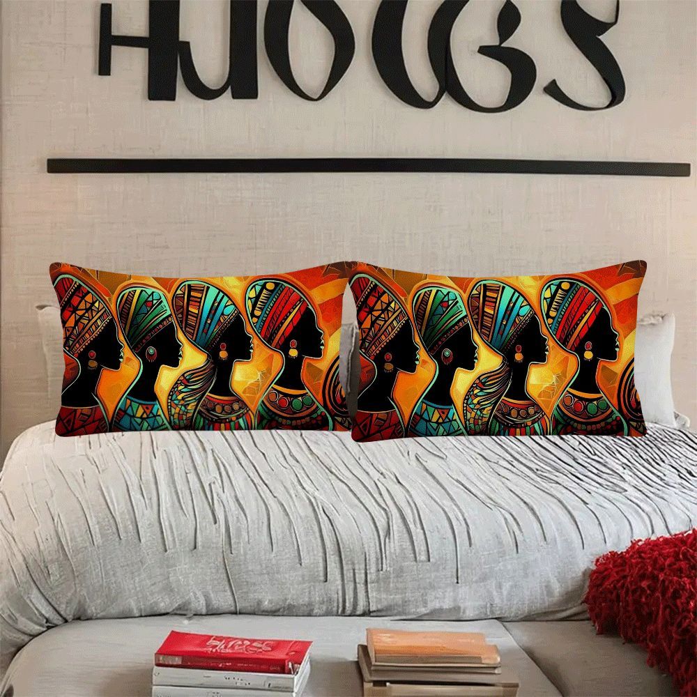 Two pieces of vintage African tribes abstract flannel cushion covers, measuring 50.8x30.48 cm. These covers are designed to be friendly for multi-position sleepers and are machine washable with a zipper closure. Ideal for use on the sofa, bed, or while