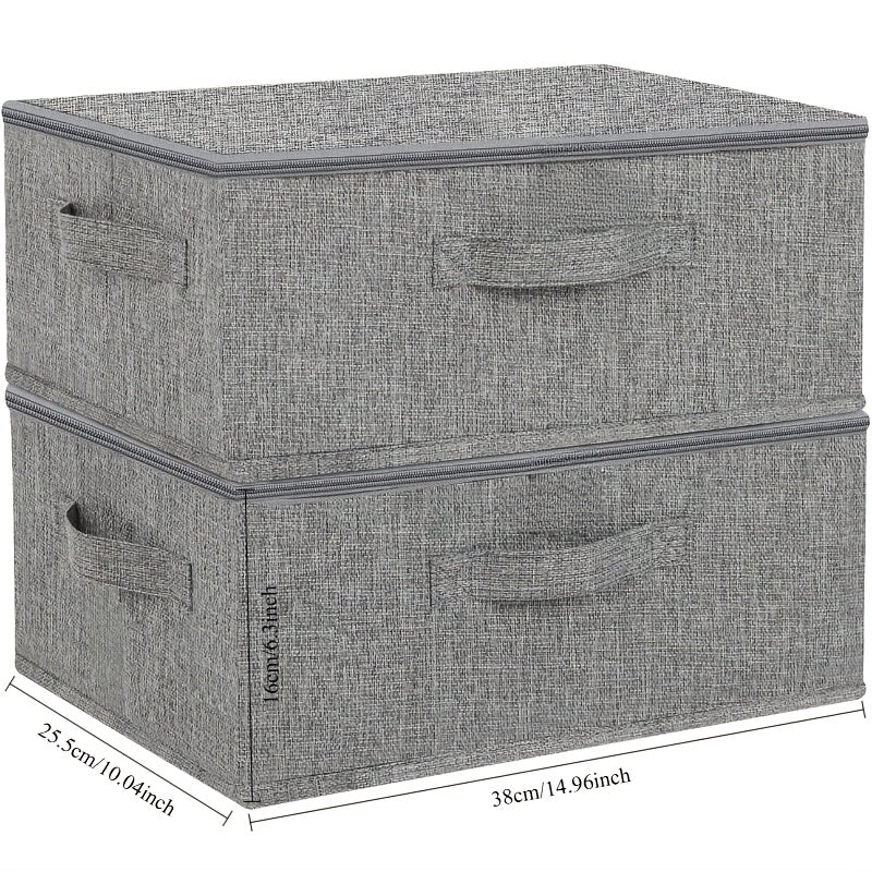 Two large capacity foldable fabric storage boxes with lids and handles for clothes, toys, and photos. Ideal for closet, bedroom, and home use.