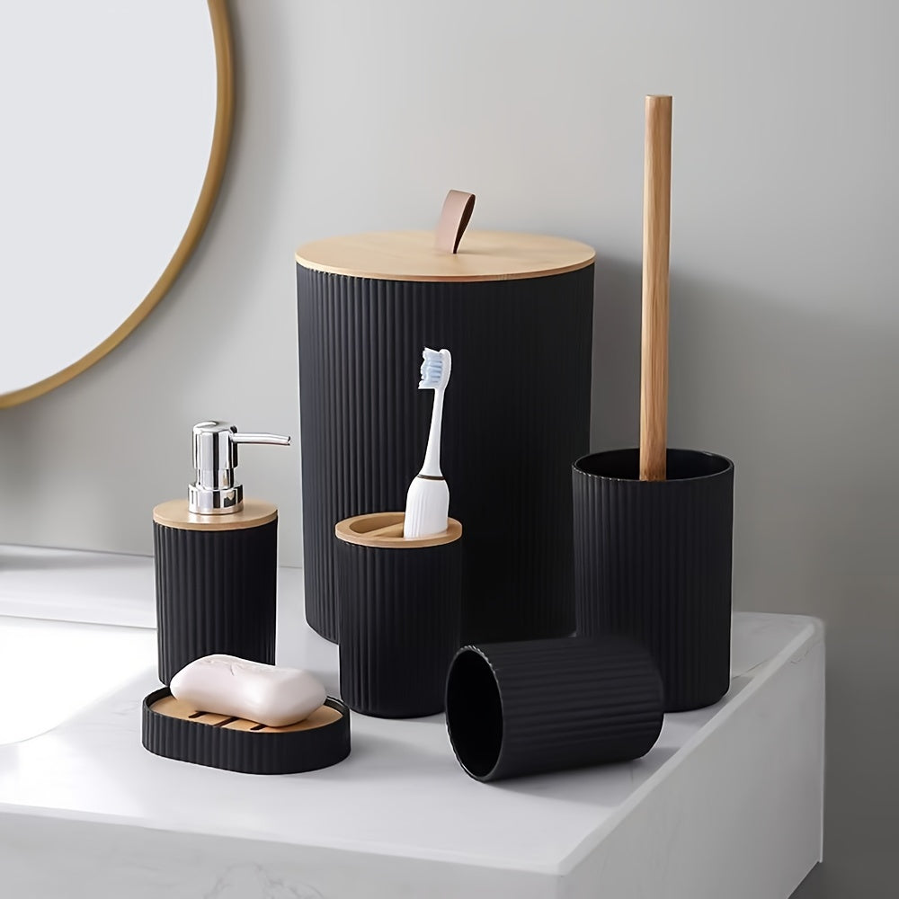 6 piece bathroom set with trash can, toothbrush holder, soap dispenser, soap dish, toilet brush. Great housewarming gift.