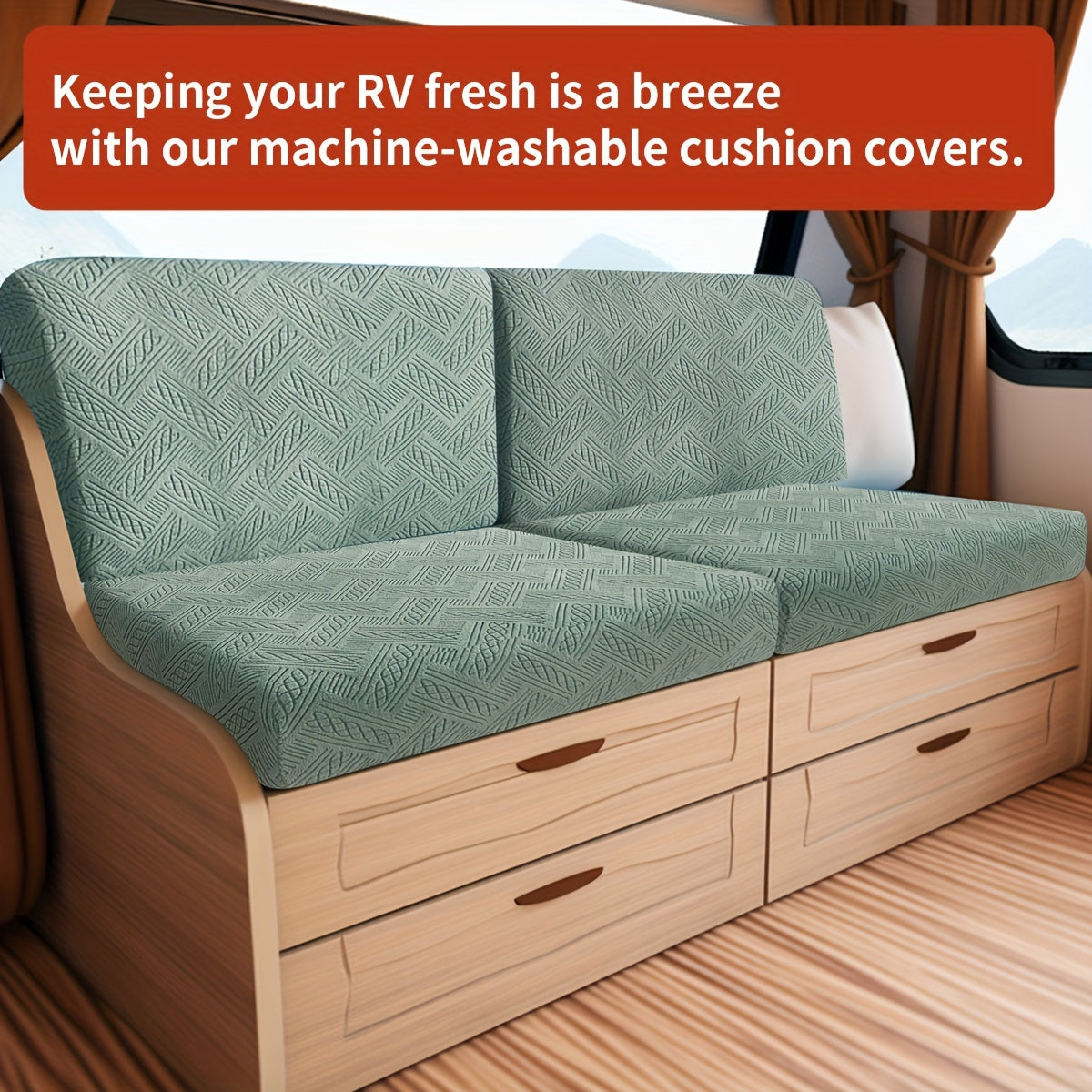 Boho style 2PC RV sofa cover set for comfortable, easy-to-install protection against dust and pet scratching. Machine washable and suitable for sofas, RVs, and camper decor. Includes backrest and bench cushion cover.