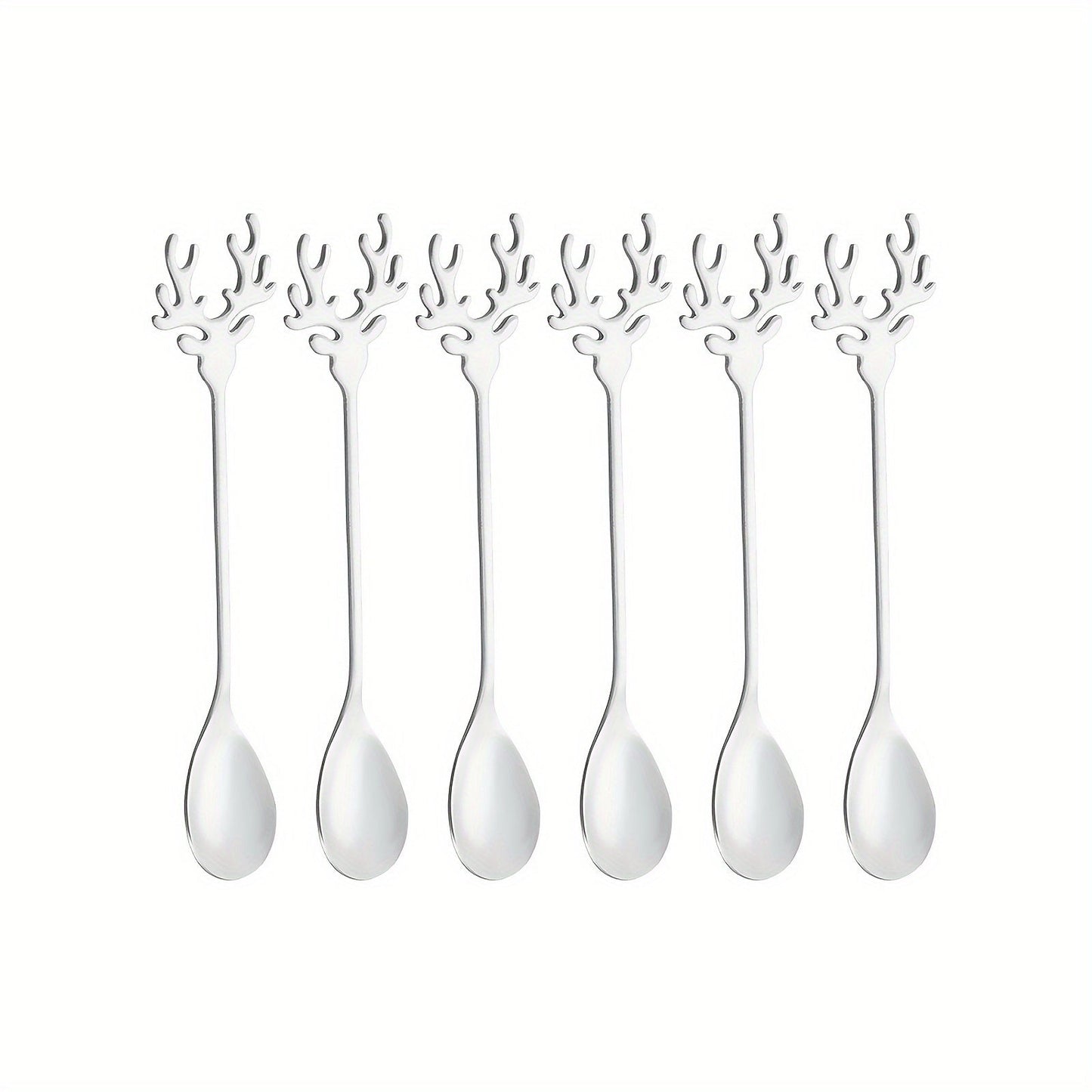 Collection of six festive holiday coffee spoons with a golden Christmas theme, showcasing a charming reindeer head motif crafted from durable stainless steel. Ideal for stirring espresso or tea with seasonal flair.