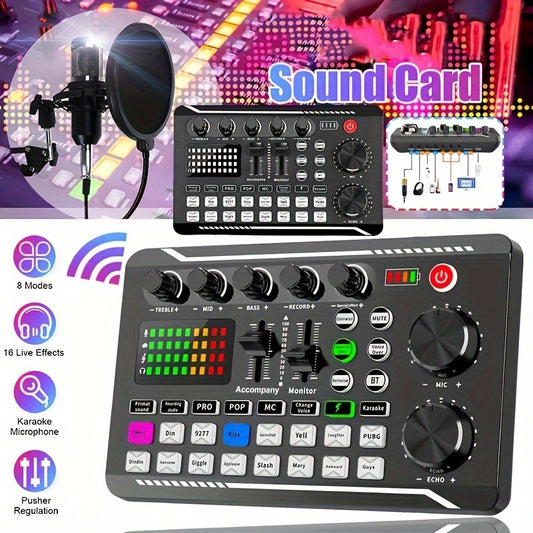 USB-powered live sound card with audio interface, DJ mixer effects, voice changer, rechargeable 1200mAh lithium battery, for streaming, podcasting, gaming - studio equipment.