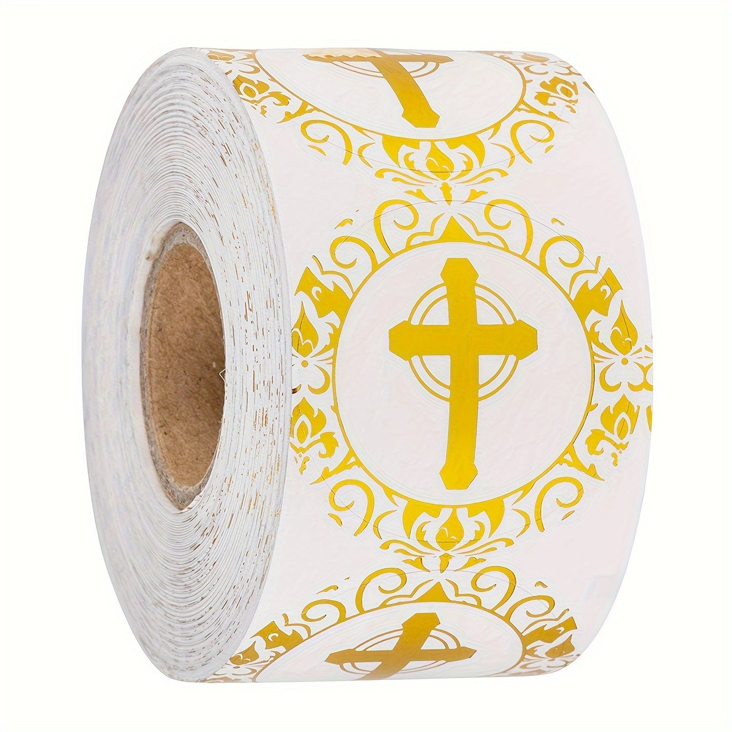 500 gold-plated Christian prayer stickers with circular crosses for sealing envelopes and office labels.