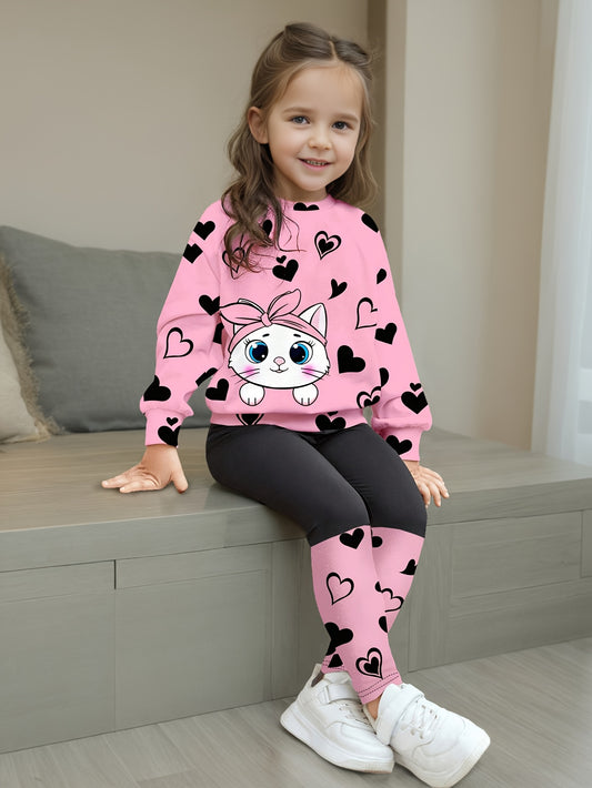 Cute cat & heart print girls' outfit set with comfy long sleeve tee and casual pants. Made from stretchy polyester blend, machine washable. Ideal for summer and outdoor activities.