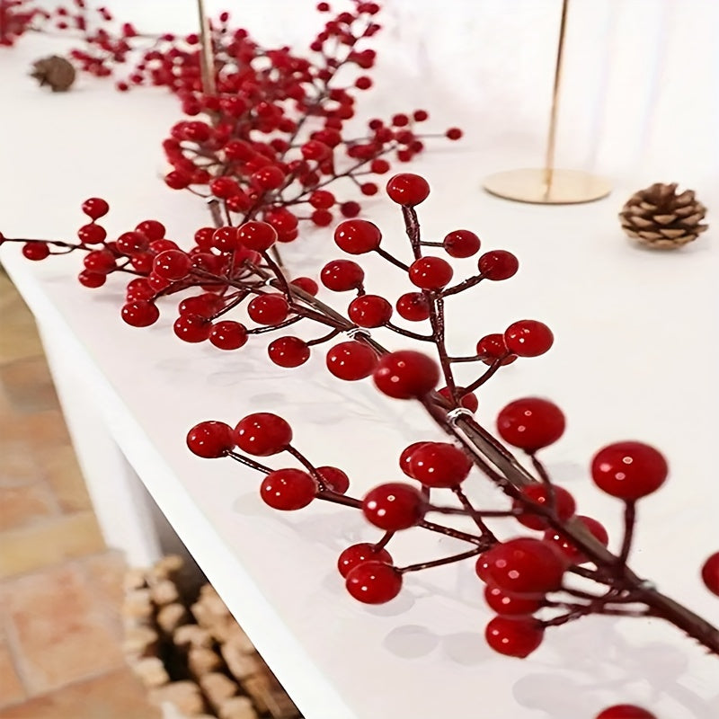 69-inch artificial cranberry vine in plastic red holly, perfect for home, wedding, and Christmas decor. Can be used as a versatile faux berry garland for tables, New Year's celebrations, and engagement parties.