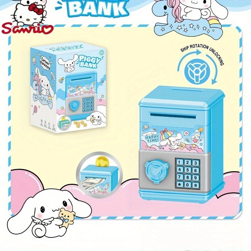 The Sanrio Mini Password Coin Bank is a high-value jar for coins and banknotes, featuring a cute cartoon design of Curly Melody with an educational self-aware password lock.