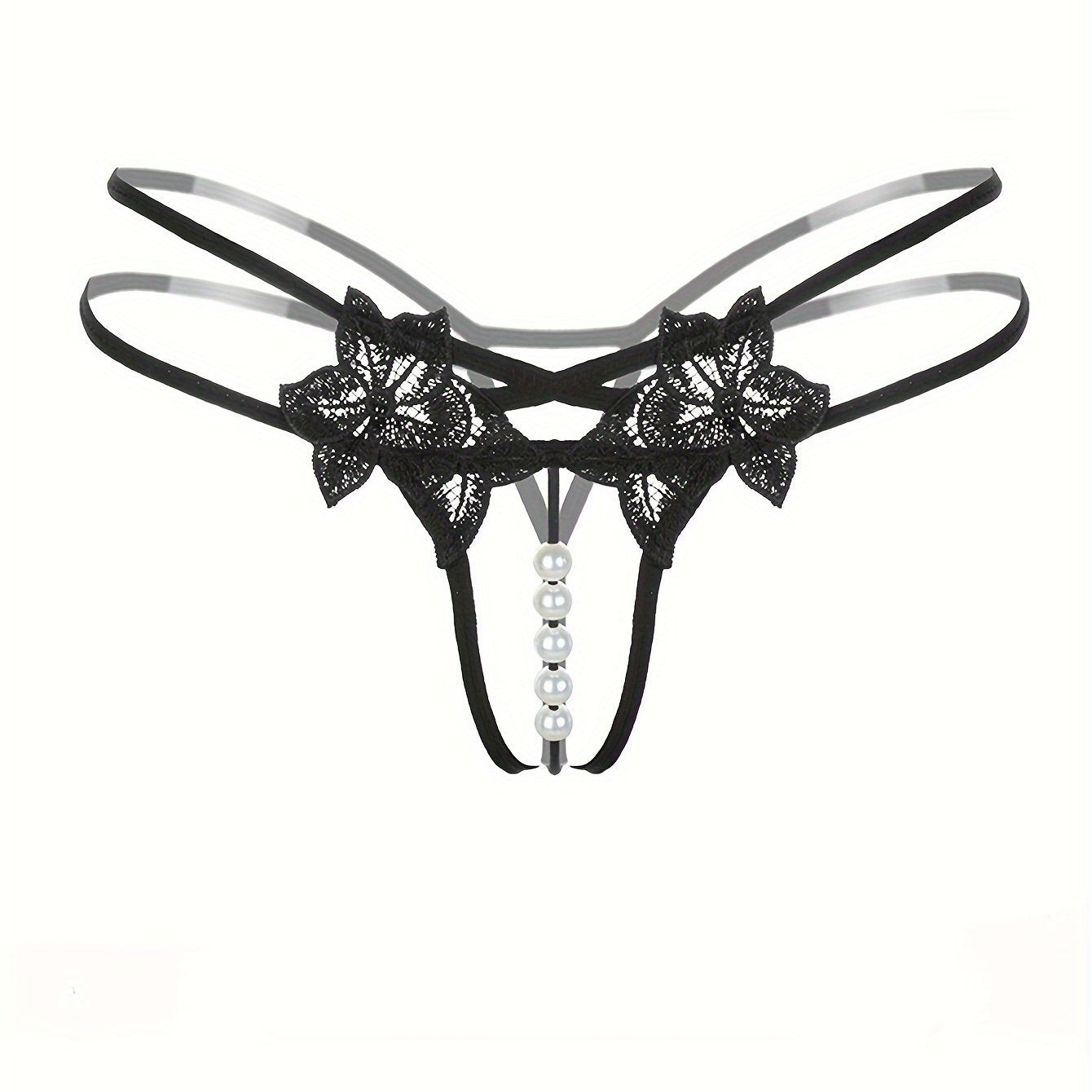 Stylish black thongs with floral embroidery, faux pearl accents, and open crotch - low waist, sheer polyester panties for women.