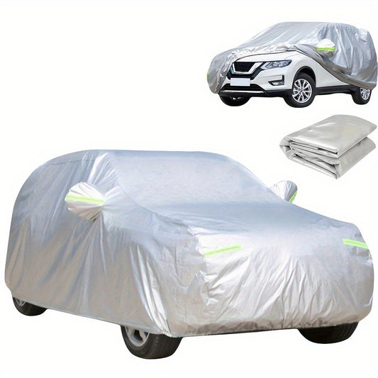 Silvery car cover with UV protection for indoor and outdoor use, suitable for various vehicle types, with reflective strips.