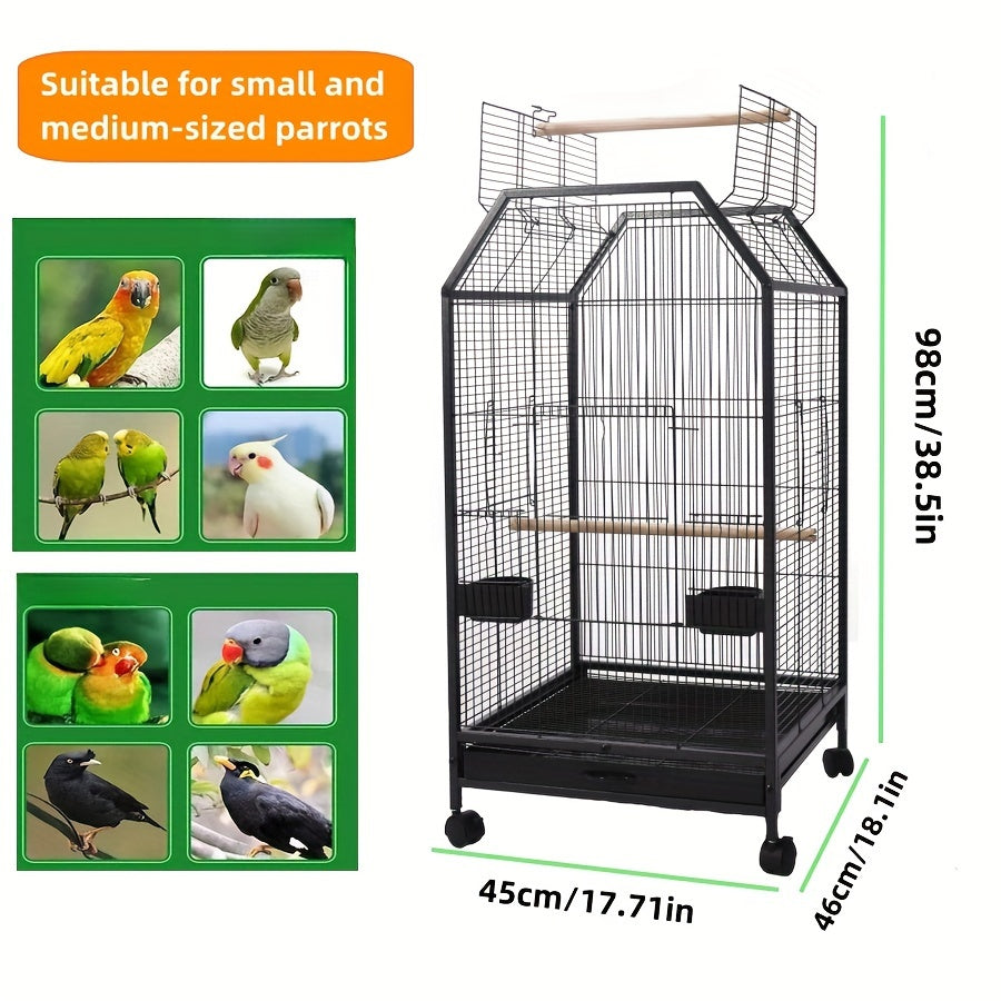 Metal bird cage for small to medium parrots, ideal for home and pet use, includes perch, feeder, water cup, and window.