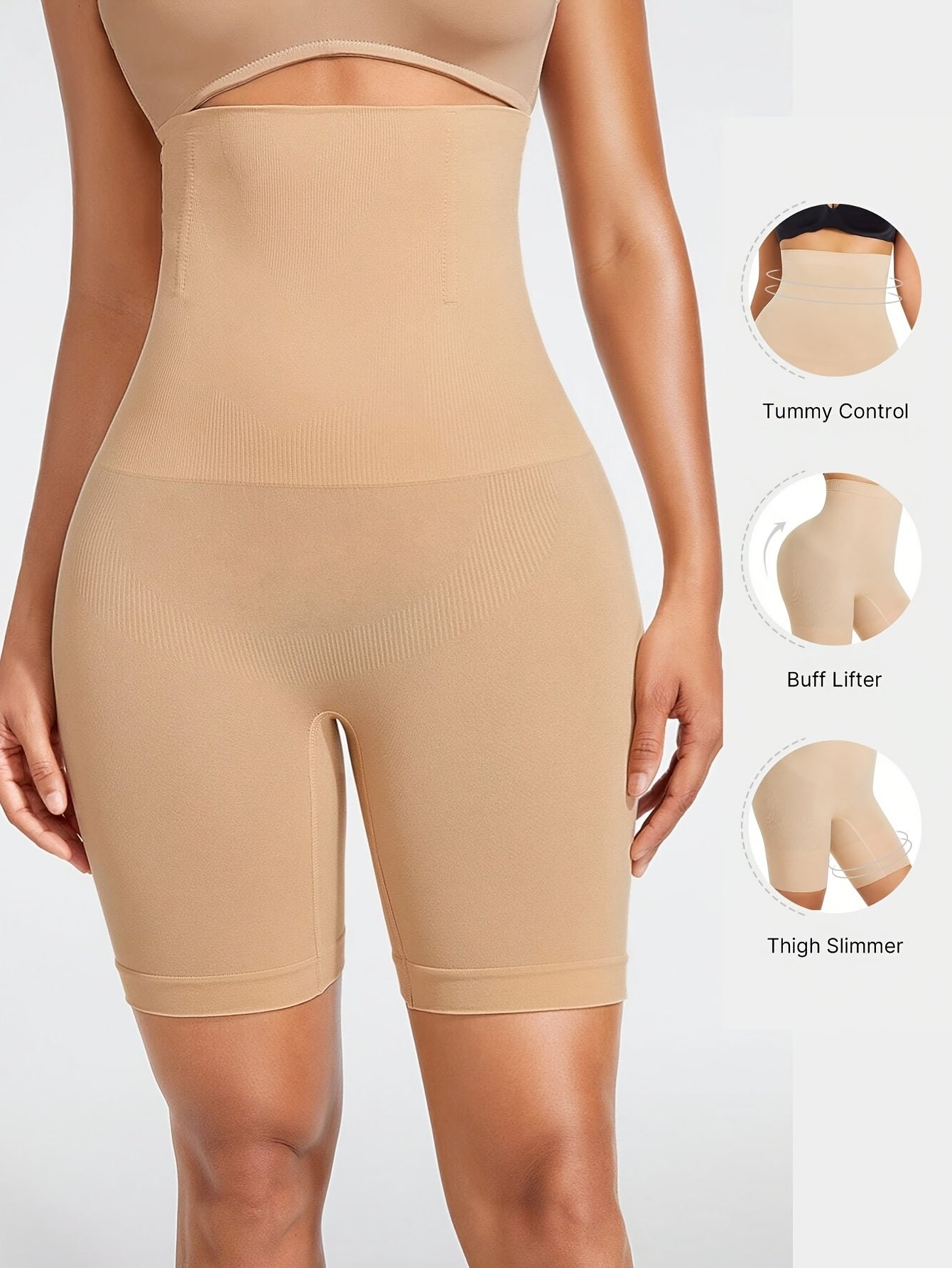 High waist tummy control shaper shorts for women in solid black. Features butt lifting, thigh slimming, and seamless design with breathable nylon fabric.