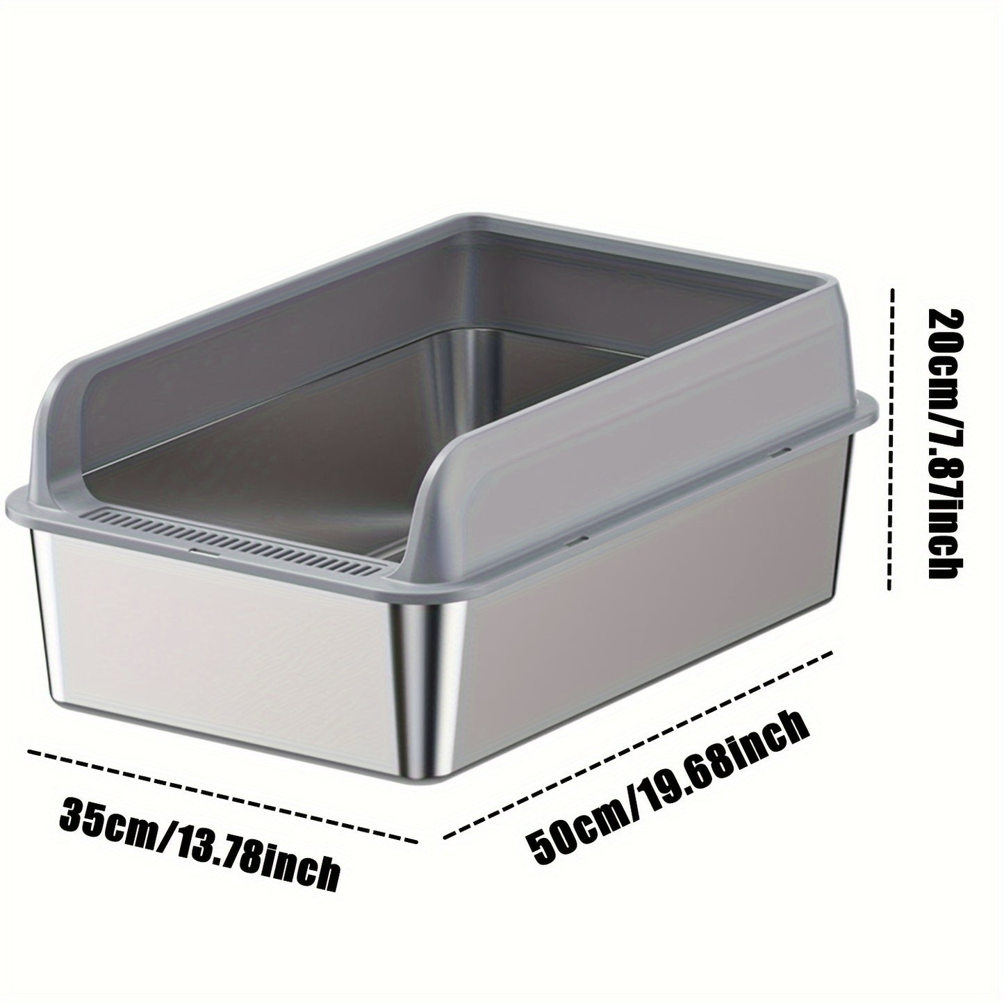 Large stainless steel cat litter box with enclosed top, high-sided, odor-resistant, leak-proof, easy to clean, includes scoop.