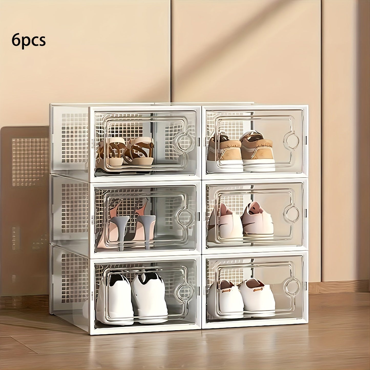 12/6 pieces of black transparent XL plastic shoe storage boxes with lids. These square shoe organizer cabinets are waterproof, multi-purpose, and have a flip-top lid design. Perfect for home and kitchen storage drawers.