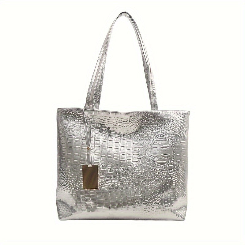 Lightweight, business casual tote with large capacity. Double handle shoulder bag made of PU material, features crocodile pattern detail, ideal for commuting and work.