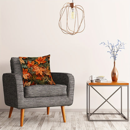 Autumn-themed pillow cover with pumpkin, sunflower, and maple leaf design. Single-sided print, zip closure, hand washable polyester, suitable for sofa and bedroom decor.