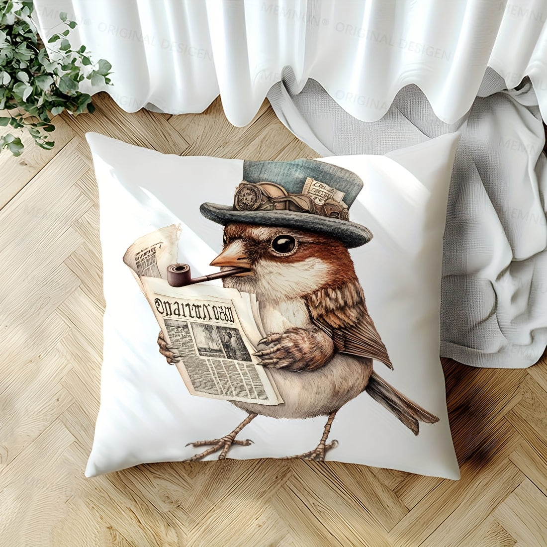 1pc of 44.96x44.96cm Single-Sided Printed Cushion Cover featuring Smoking Robin Retro Style. Made of polyester, zipper closure, machine washable. Ideal for living room, sofa, bedroom decor with contemporary flair.