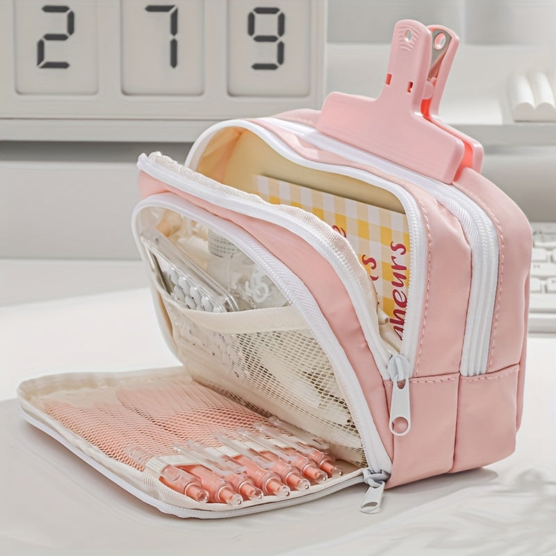 Large capacity pencil case with transparent window, durable Oxford fabric, perfect for students & office essentials.