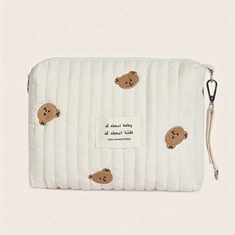 Adorable Bear Diaper Organizer, Convenient Zippered Embroidered Storage Pouch