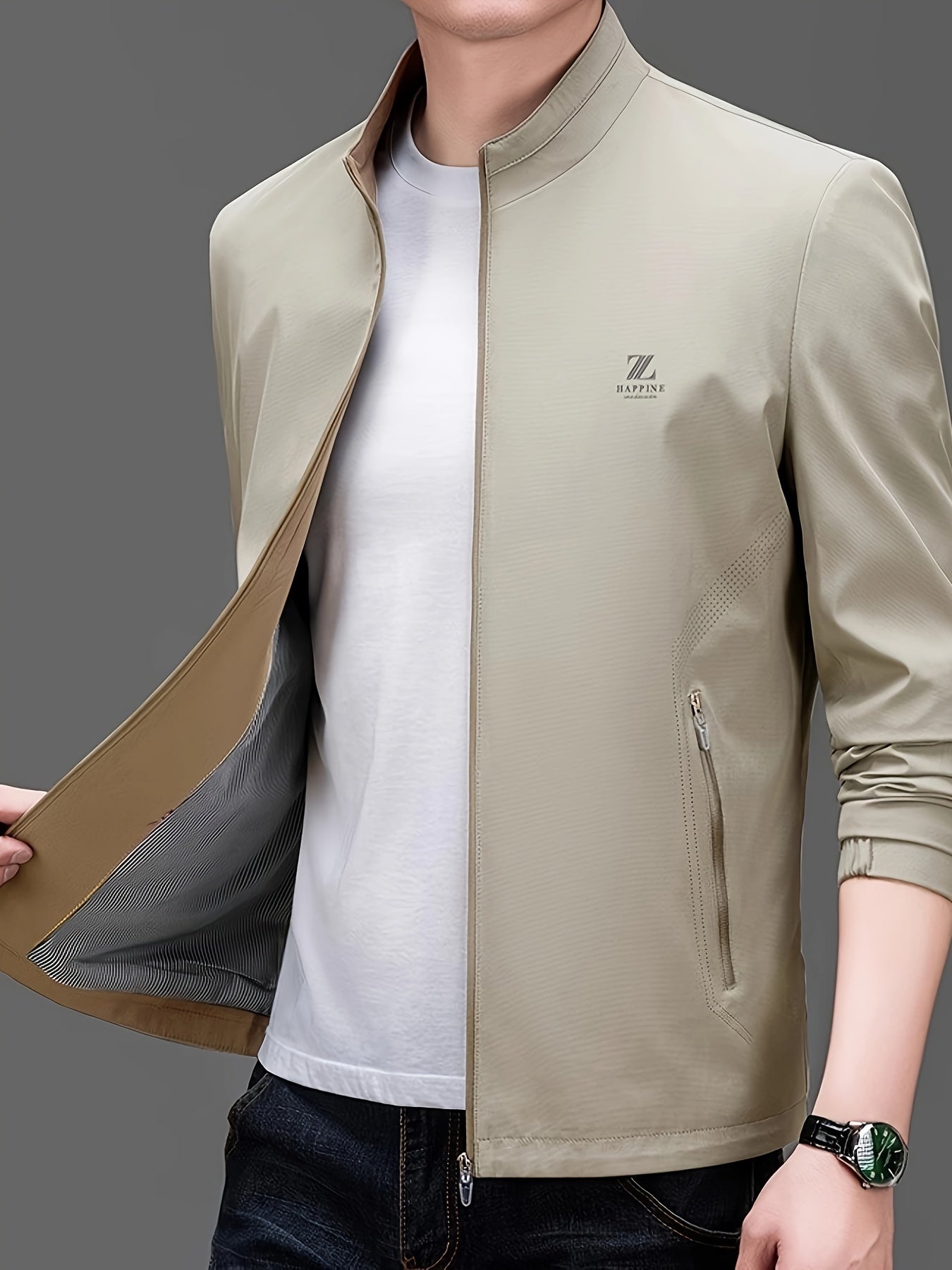 Men's casual stand collar jacket made of 100% polyester with a solid color, long sleeves, regular fit, zipper closure, and woven fabric. Suitable for spring/fall weekend casual wear.