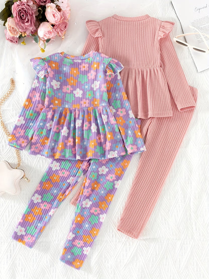 (Floral + Solid) 2 Sets Girls Long Sleeve Peplum Tee + Casual Pants Co-ords Set - Cute Spring/Fall Outdoor Clothes Gift