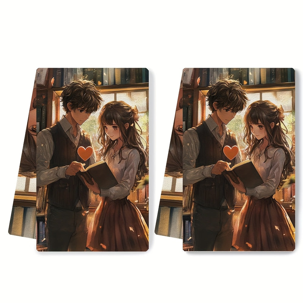 Two pieces of ultra soft kitchen towels featuring an anime boy giving a heart shaped bookmark to an anime girl reading a book. These highly absorbent dish hand towels are perfect for holiday decor. They are machine washable and measure 16x24 inches. Item