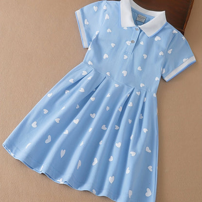 Girls' summer cotton blend dress with heart pattern, short sleeves & knee-length - perfect for performances & school events.