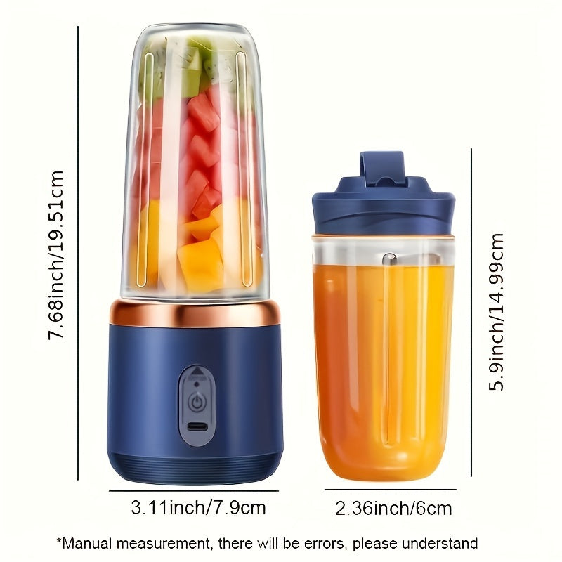 Compact USB rechargeable portable juicer cup in sleek pink and blue with safety lock, perfect for making smoothies and fresh juice on the go. Includes juice container, great for both home and travel.