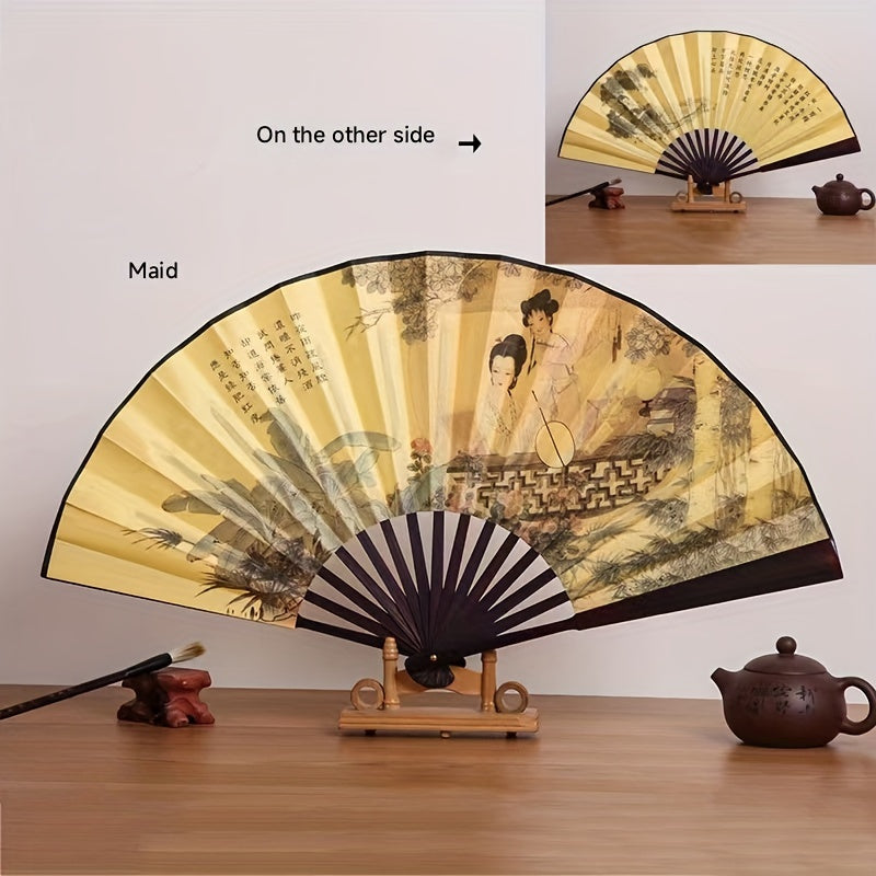 Beautiful 10-inch Bamboo Folding Fan featuring a Dual-Sided Silk Design - Inspired by Traditional Chinese Style, Ideal for Women's Fashion Accessory, Generous Size, Luxurious Silk Material