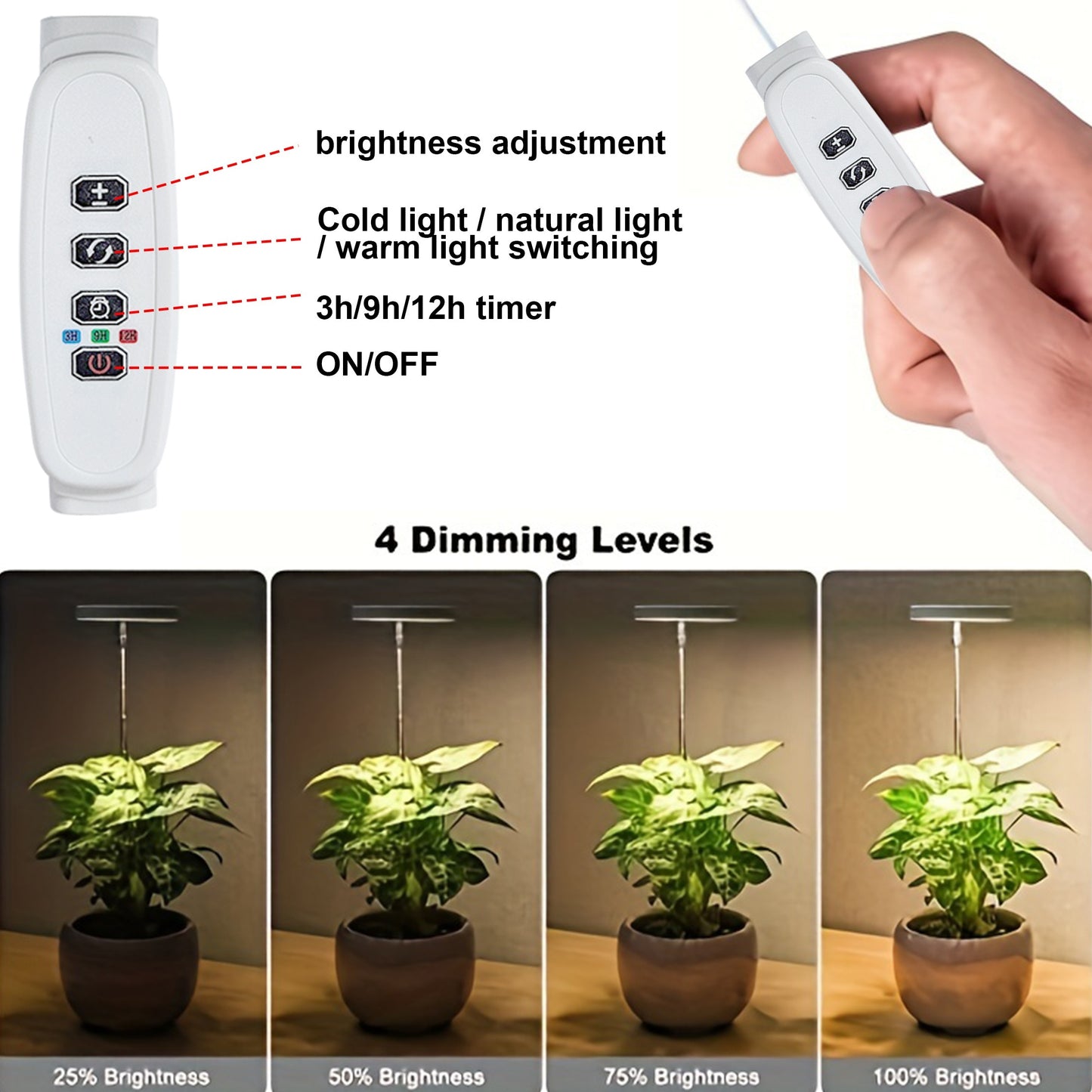 Adjustable LED plant growth lights with full spectrum, timer, and height options for indoor plants. Powered by USB for sowing and succulents.