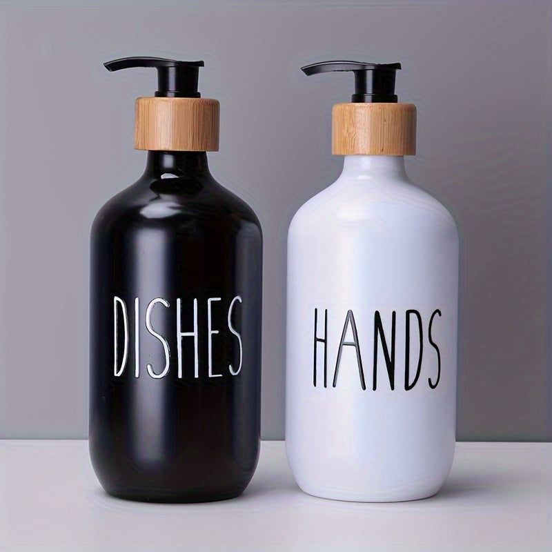 Set of 2 plastic soap dispensers for hand and dish soap, perfect for bathroom countertop storage.