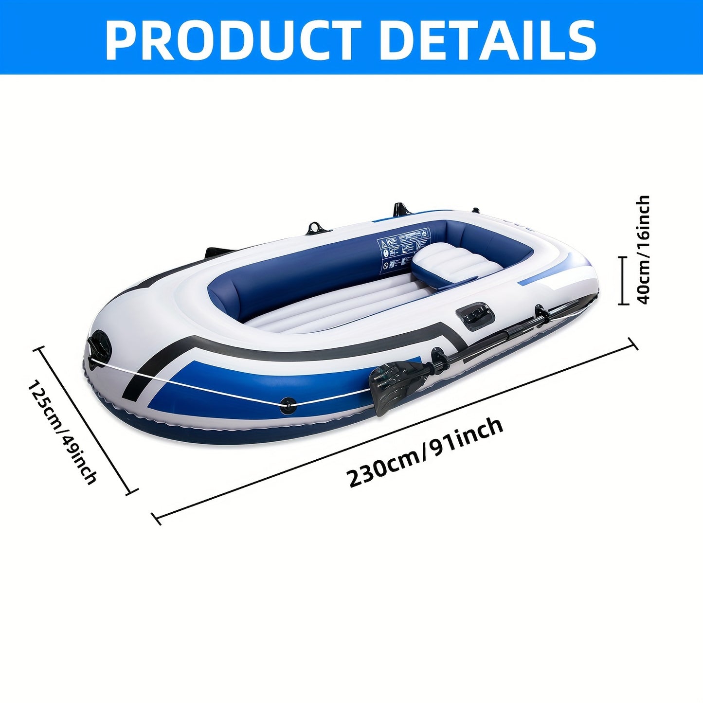 1 pack of blue inflatable fishing kayak with paddle, pump, PVC outdoor fishing raft, and single rudder navigation.