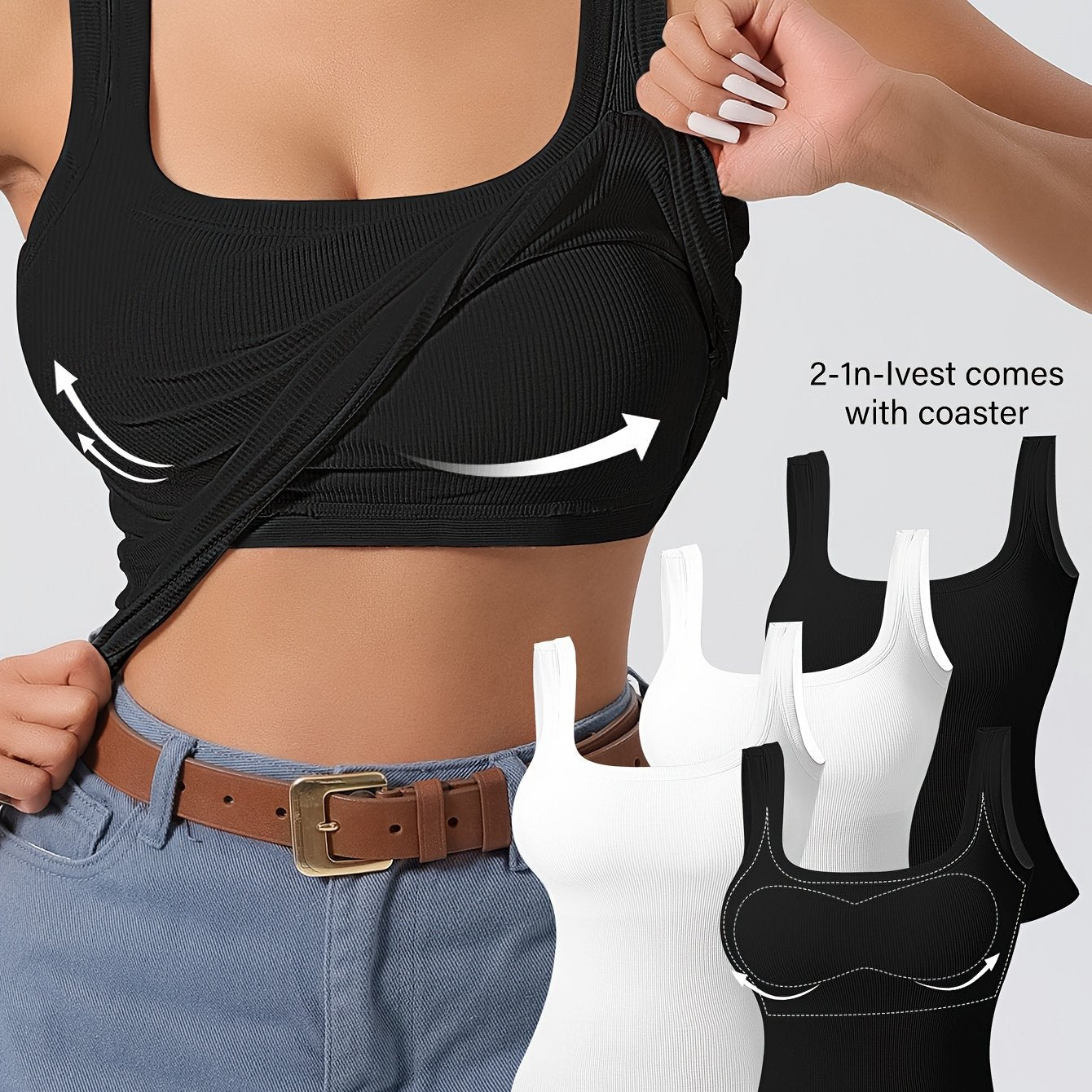 4 Women's U-Back Tank Tops with Removable Pads - Slim Fit, Solid Color, Breathable Rayon Blend for Casual Wear or Layering, Strapless Vest, Smooth Texture