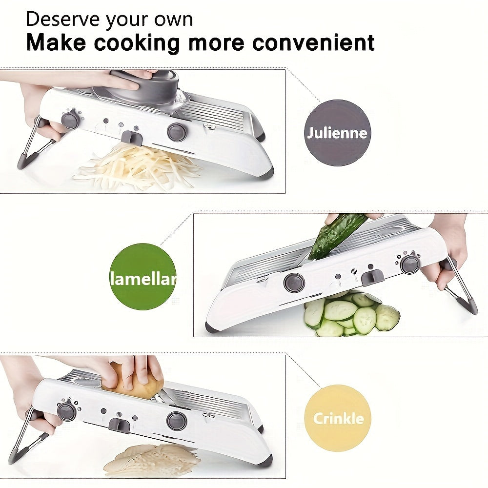 Professional grade stainless steel mandoline slicer capable of adjusting to 18 different sizes, perfect for slicing vegetables such as onions and potatoes. Safe and easy to use, this kitchen accessory is a must-have for any cook.